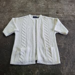 Vintage Bonnie Lee Leroy Cardigan Size 40 White Open Sweater 80s Preppy